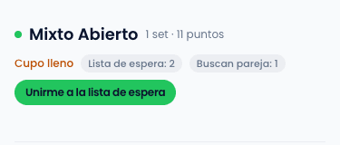 Categoría Mixto Abierto — cupo lleno, lista de espera: 2, buscan pareja: 1, botón unirme a la lista de espera