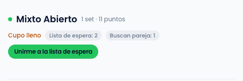 Categoría Mixto Abierto — cupo lleno, lista de espera: 2, buscan pareja: 1, botón unirme a la lista de espera